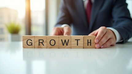 Businessman in a suit arranging wooden blocks spelling the word GROWTH on a desk.