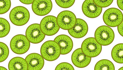 A vibrant, seamless pattern featuring numerous, overlapping cross-sections of a small, green, fruit. Each slice presents a central, light-colored core