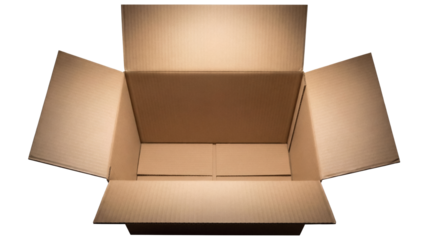 Open corrugated cardboard box isolated PNG, brown container with flaps for shipping and storage on transparent background