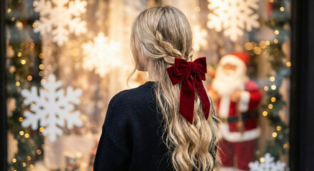 Woman with red bow looking at christmas window display