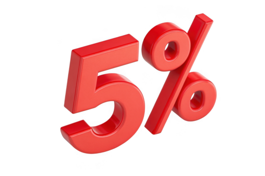 Red 3d five percent symbol isolated on transparent background