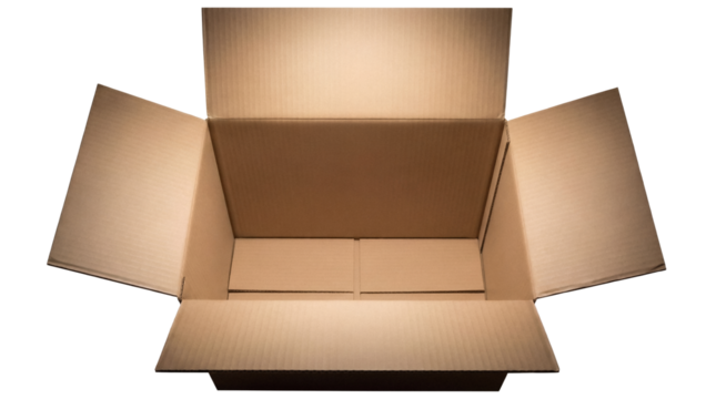 Open corrugated cardboard box isolated PNG, brown container with flaps for shipping and storage on transparent background