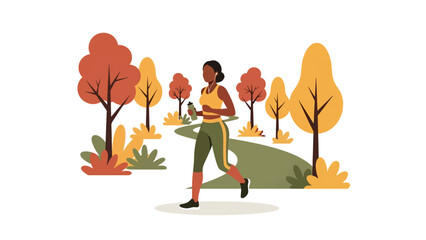 African woman jogging outdoors in park environment. Ideal for fitness, motivation, healthy living, and active lifestyle content