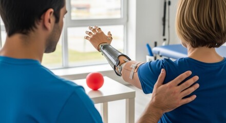 A person with a prosthetic arm is being assisted by a healthcare professional during rehabilitation.