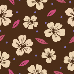 Cream floral blooms with delicate line details, paired with pink leaves and soft purple dots on a rich brown background, creating a bold, stylish, seamless botanical pattern.