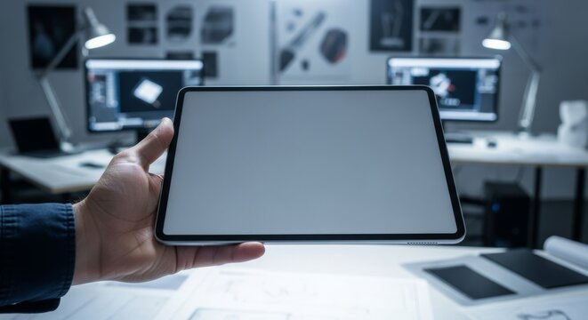 A person's hand holding a tablet with a blank screen in a modern office setting.