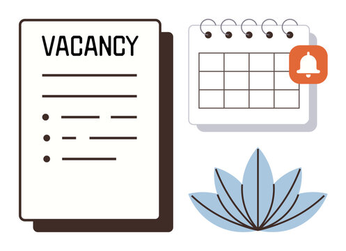 Vacancy notice next to a calendar marked with a notification bell and a decorative lotus flower. Ideal for recruitment, scheduling, hiring, job posting, deadlines, organization, wellness. Simple flat
