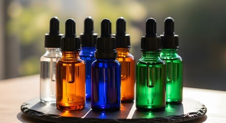 Colorful essential oil bottles displayed in natural sunlight