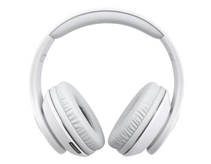 Overhead white headphones on a white background, showcasing cushioned earcups, a padded headband, and a sleek design