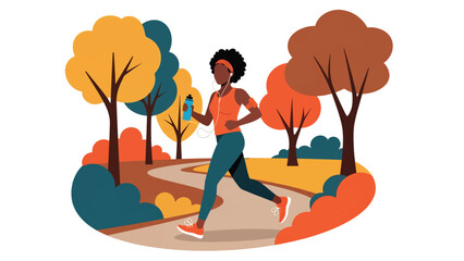 African woman jogging outdoors in park environment. Ideal for fitness, motivation, healthy living, and active lifestyle content