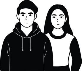 Modern couple wearing matching streetwear outfits in clean outline vector style