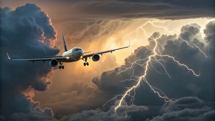 Cargo Jet flying through a dramatic storm with striking lightning