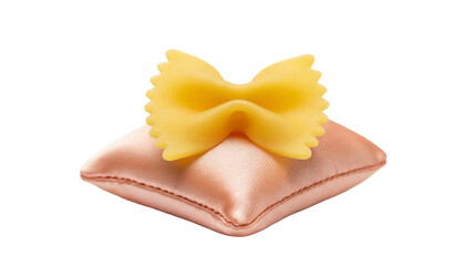 Farfalle pasta on a pink satin pillow isolated PNG, gourmet Italian food ingredient for cooking and restaurant menus