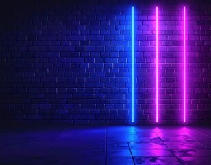 Neon lines on brick wall glow, dark, moody and textural