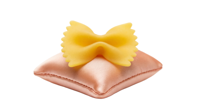 Farfalle pasta on a pink satin pillow isolated PNG, gourmet Italian food ingredient for cooking and restaurant menus