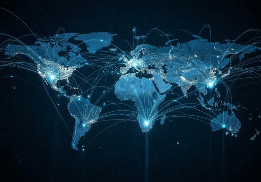 Illuminated world map with network connections showing global connectivity and communication