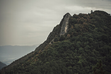 Pic rocheux de montagne émergeant de la forêt dense, paysage alpin dramatique, sommet calcaire