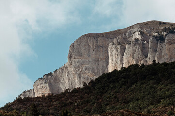 Falaise de montagne calcaire abrupte et forêt, paroi rocheuse verticale géologie Vercors, paysage minéral