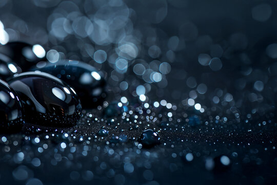 Galet noir glossy sur fond bleu sombre scintillant avec goutte d&rsquo;eau, bokeh lumineux et texture brillante, surface min&eacute;rale en gros plan, abstraction sombre aux reflets miroitants et humides