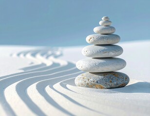 Stacked zen stones on sand with raked lines