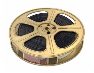 Gold film reel loaded, spooled, retro, isolated, white