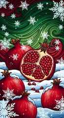 Yalda night greeting card illustration with red pomegranates on snow green abstract background with winter snowflakes vertical with copy space