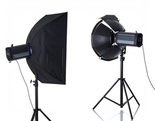 Two studio lights softbox, reflector, on stands, white