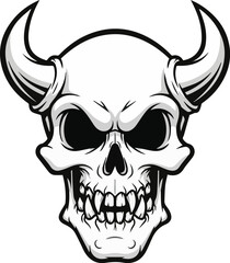 Skull with Horns Illustration Sinister Cartoon Character Design for Halloween or Gaming