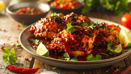 Plate of spiced chicken drums, served with sauce, lime, herbs, and other chili peppers on a rustic wooden table