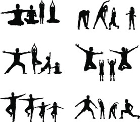 Silhouettes of people exercising and stretching in various poses