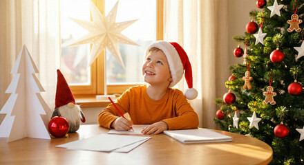 Little boy writing letter to santa claus by christmas tree