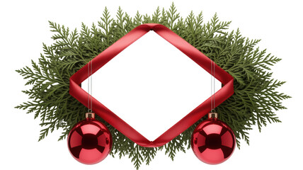 Festive christmas wreath with red ribbon and ornaments forming a diamond frame for text on transparent background isolated on transparent background