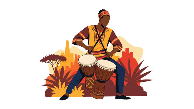 African musician playing traditional hand drums with rhythmic energy. Ideal for music culture, celebration, and artistic expression visuals