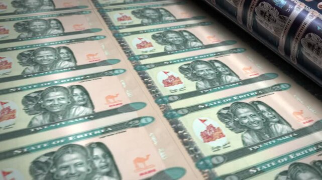Eritrea Nakfa Eritrean money banknotes printing roll machine loop. Paper 20 ERN bank note print 3d looping seamless. Abstract concept of banking, finance, economy and crisis.