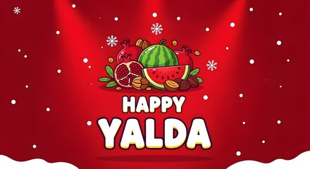 happy Yalda card illustration with pomegranate and watermelon fruits on a red background with snow in winter