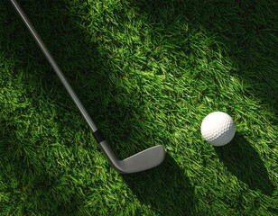 Golf club near white ball on bright green grass