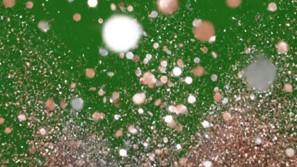 silver and rose-gold glitter explosions spreading outward, soft bokeh sparkles floating down, elegant luxury celebration style, clean green screen background, alpha channel, bright