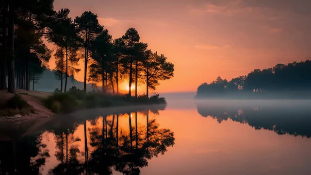 Gorgeous sunrise behind the forest. Sunrise illuminates a forest, casting a warm, golden glow through the trees