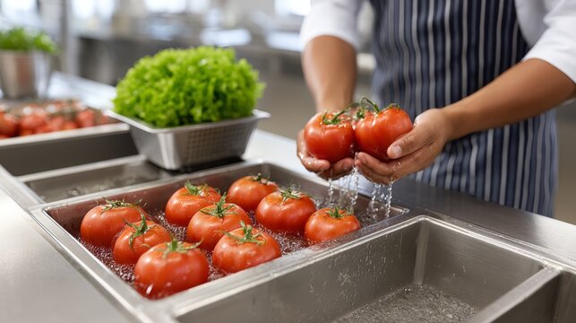 Chef washing fresh organic tomatoes in professional kitchen healthy vegetable preparation high-fidelity culinary environment