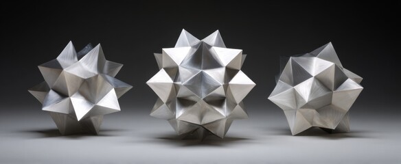 Intricate folded metal sculptures featuring abstract geometric shapes with precise craftsmanship