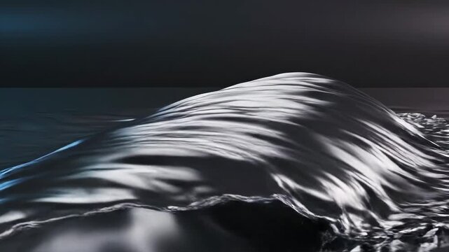 This video showcases a highly reflective metallic water wave with dynamic ripples and flowing motion against a dark background, emphasizing fluidity and shine.