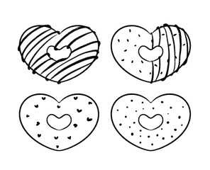 Set of line art heart-themed donuts illustration. Valentine dessert illustrations with transparent background for cards, invitations, valentine elements design.