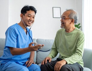 Obraz premium Caregiver with stethoscope attends to elderly patient, both smiling on a couch in a bright interior setting
