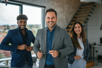 Diverse business team welcoming clients in modern office