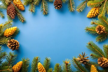Festive pine branches and pinecones — some natural, some gold-painted — frame a blue background, creating a seasonal, decorative border perfect for winter or holiday-themed designs.
