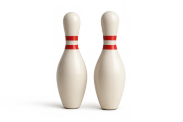 Two traditional white bowling pins featuring red bands, standing upright, ready for a game, on a transparent background