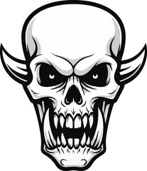 Vector Illustration of a Demon Skull with Sharp Teeth and Horns