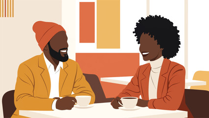 Two African friends sharing coffee and conversation at a café. Ideal for social connection, friendship, lifestyle, and modern culture themes