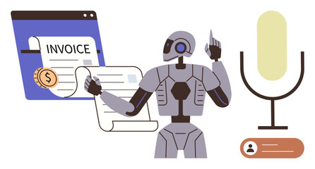 Robot interacting with digital invoices, analyzing data, and performing tasks. Large microphone symbol suggests voice command usage. Ideal for automation, AI, finance, technology, communication