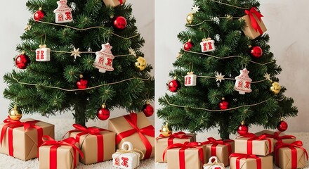 Decorated evergreen tree displays gifts and festive ornaments for celebration.